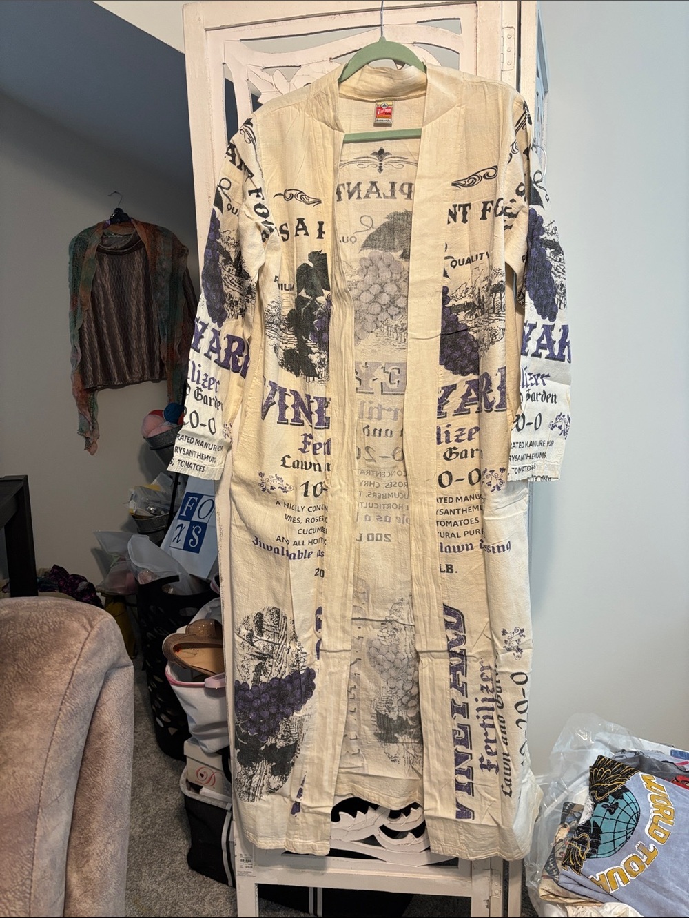 Bohemian Vineyard Print Long Cream Duster Dress